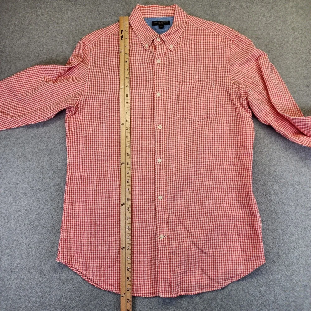 Banana Republic Men L Slim Fit Pink Orange Gingham Check Linen Blend Long Sleeve